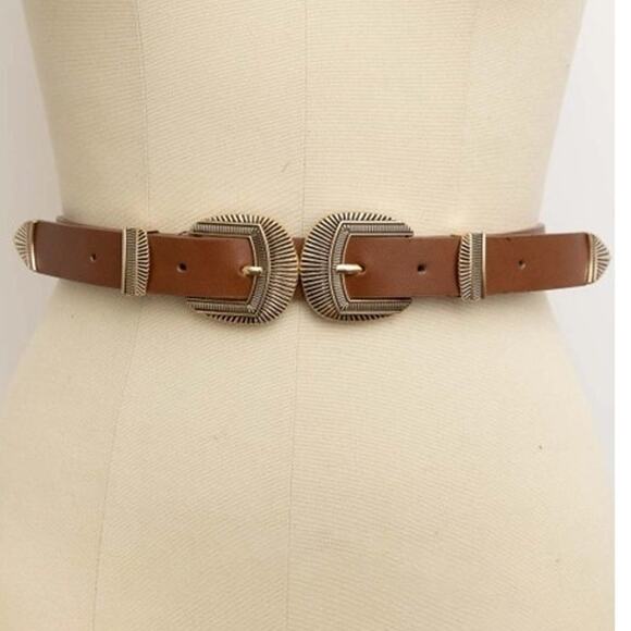 Double Buckle Vegan Leather Western Style Belt Camel Brown - Picture 1 of 2